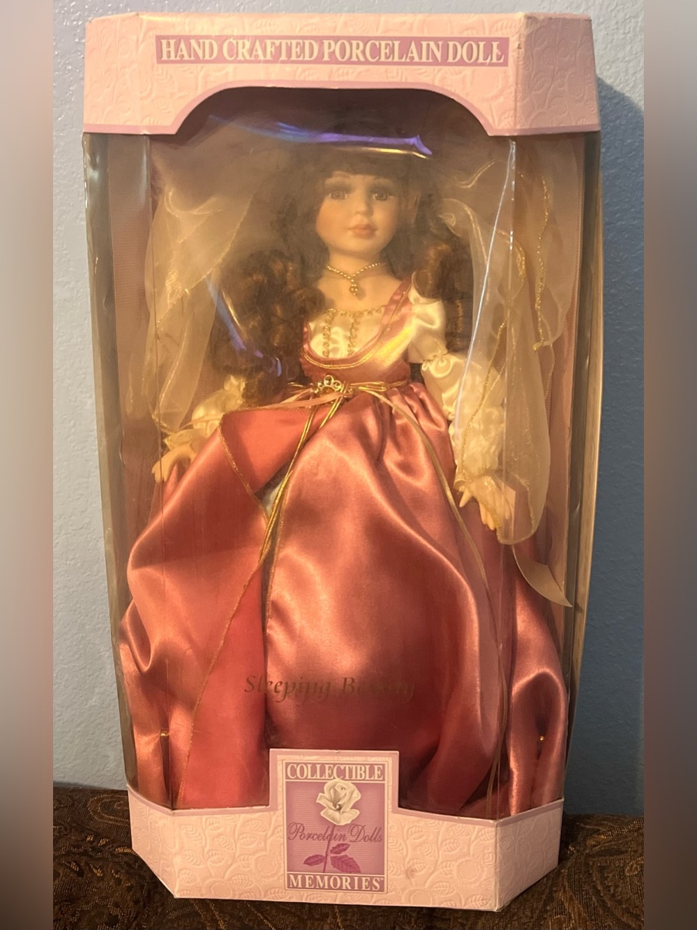 Handcrafted Sleeping Beauty Porcelain Doll in Dusty Rose/Pink Satin Dress